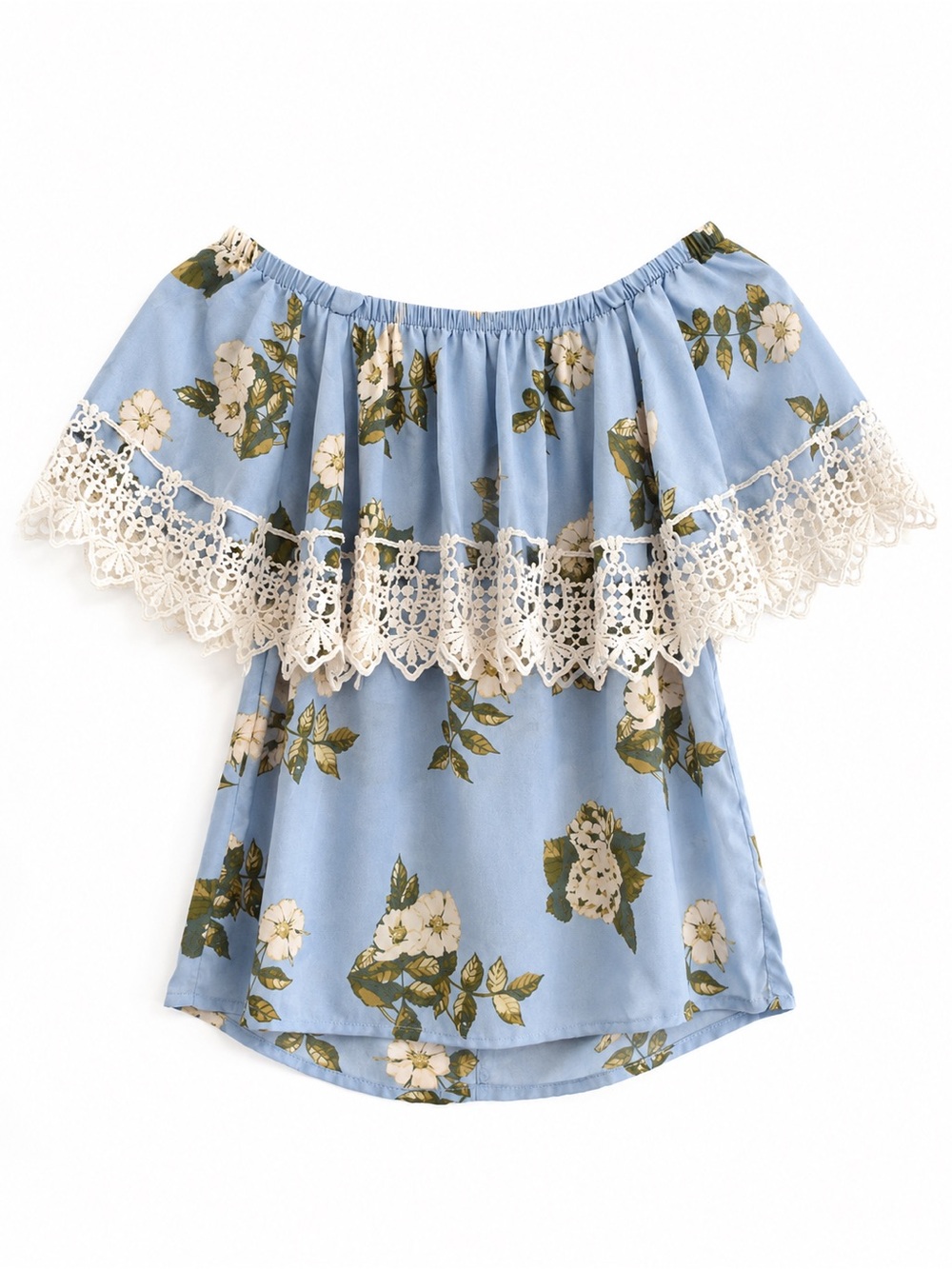 Off-Shoulder Blue Floral Lace Trim Top